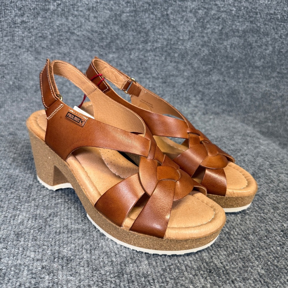 Pikolinos 38 US 7.5 Wedge Sandals Arenales Tan Brown Leather Slingback Open Toe
